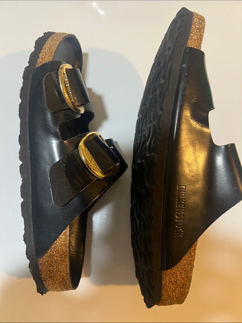 Birkenstock Black Leather Double-Buckle Slides with Gold Big Buckles 38 EU 7-7.5 - Picture 5 of 8